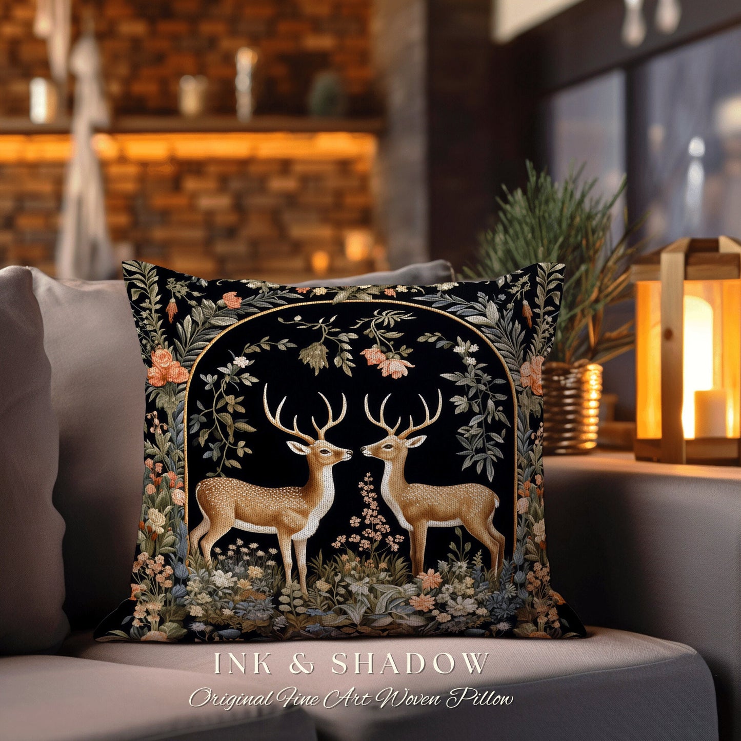 Medieval Deer Woven Pillow | Folklore Aesthetic Couch Cushion Woven William Morris Decor Dark Fairycore Gothic Botanical Woodland Deer