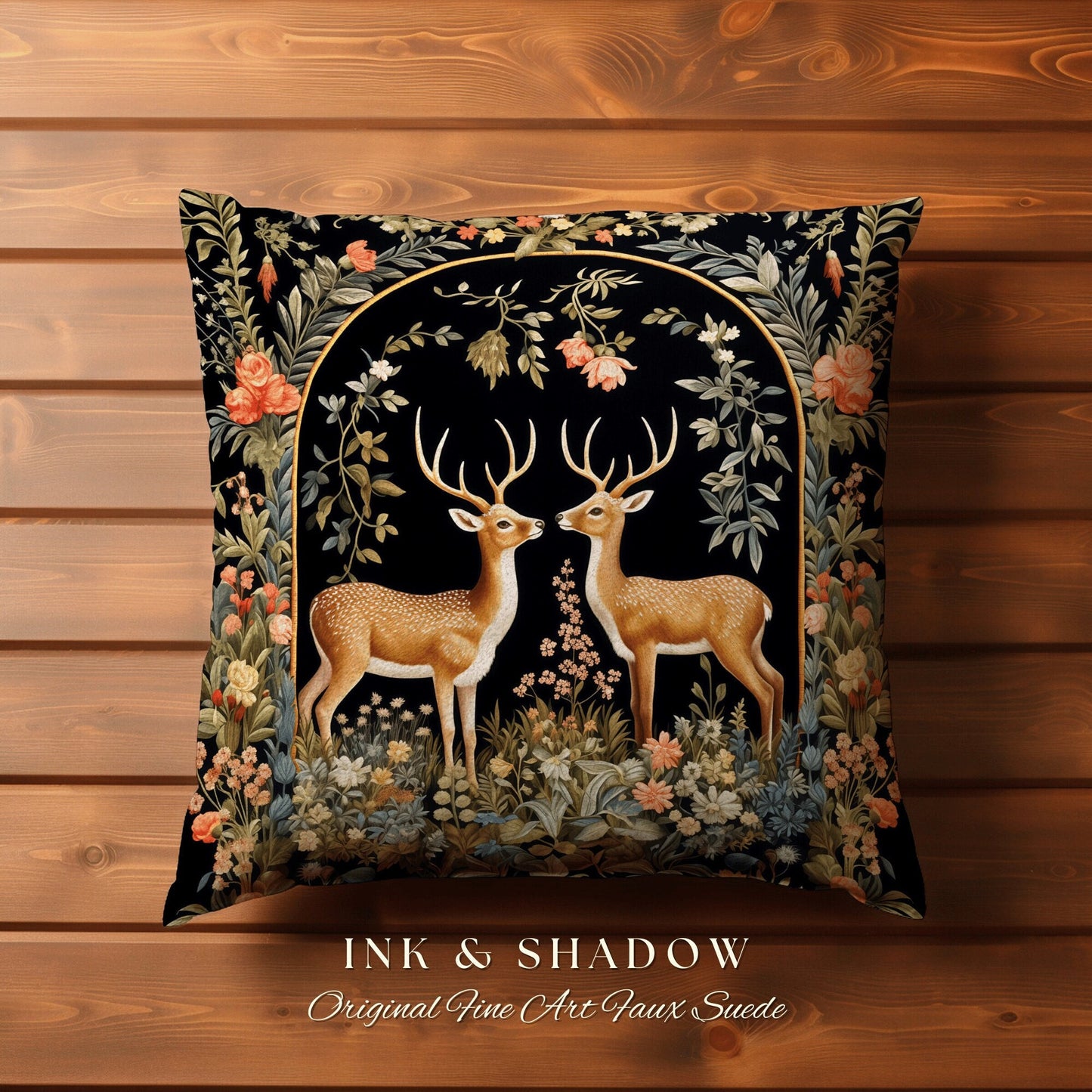 Medieval Deer Woven Pillow | Folklore Aesthetic Couch Cushion Woven William Morris Decor Dark Fairycore Gothic Botanical Woodland Deer