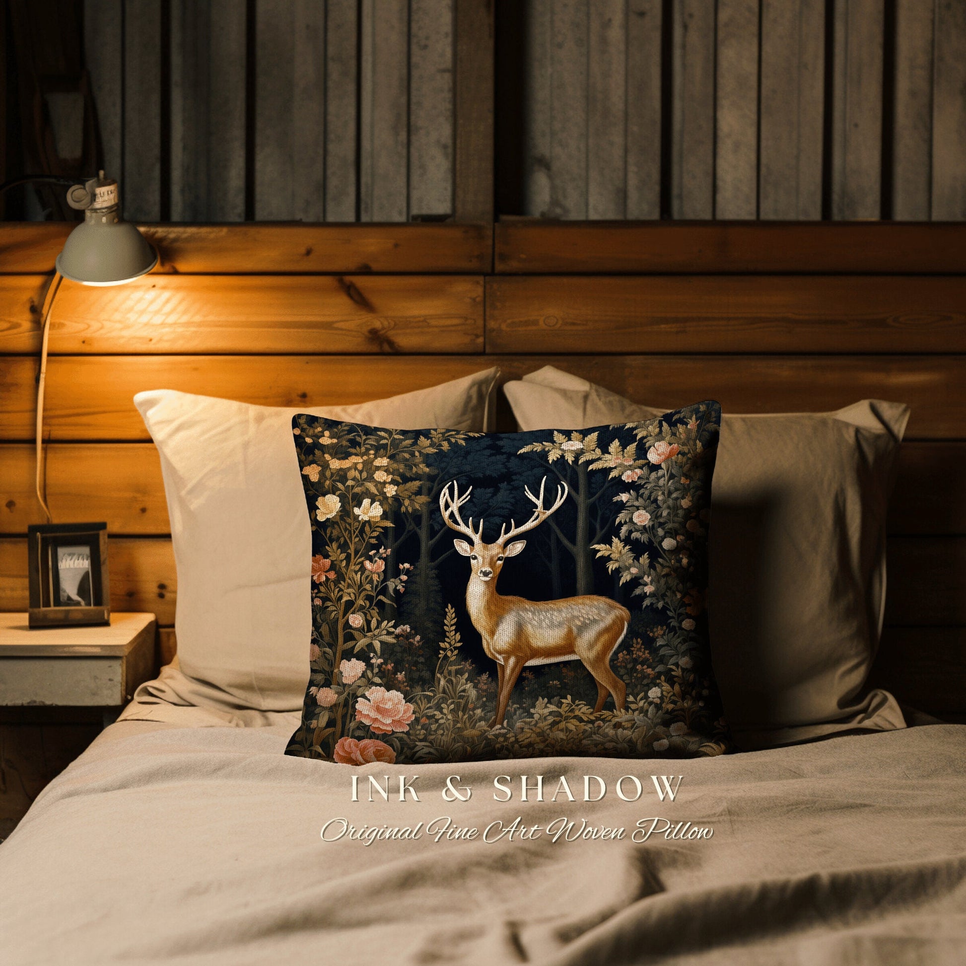 Woodland Floral Deer Pillow | Folklore Aesthetic Couch Cushion Woven William Morris Decor Dark Fairycore Gothic Botanical Woodland Spirit |