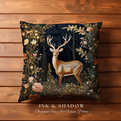 Woodland Floral Deer Pillow | Folklore Aesthetic Couch Cushion Woven William Morris Decor Dark Fairycore Gothic Botanical Woodland Spirit |