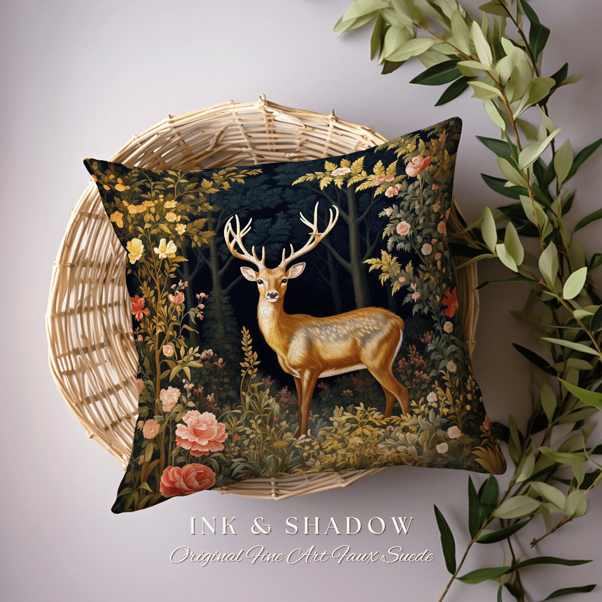 Woodland Floral Deer Pillow | Folklore Aesthetic Couch Cushion Woven William Morris Decor Dark Fairycore Gothic Botanical Woodland Spirit |