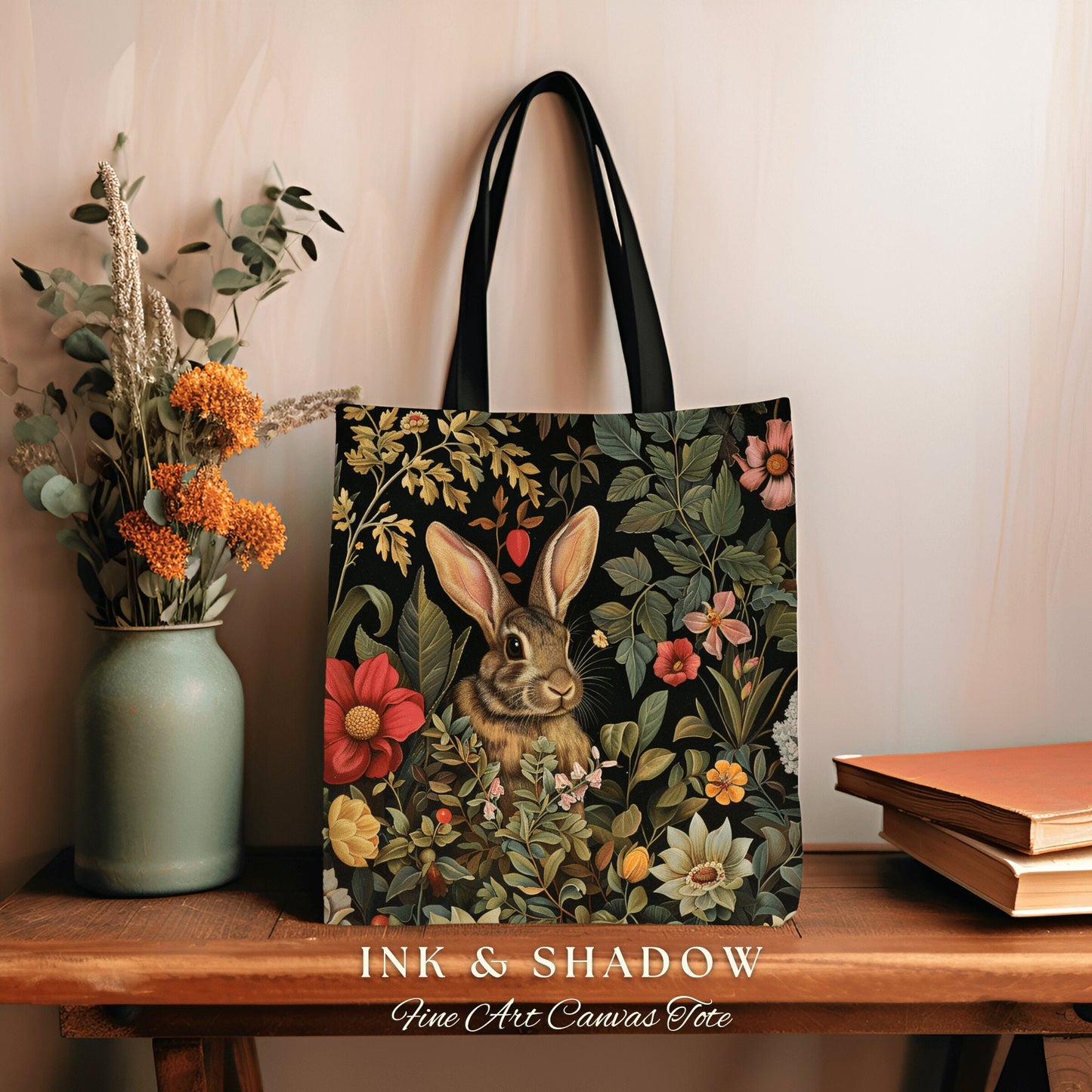 Dark Botanical Bunny Tote Bag | Boho Satchel Folk Art Woven Tapestry Bag William Morris Throw Woodland Goth Medieval Aesthetic Fairycore