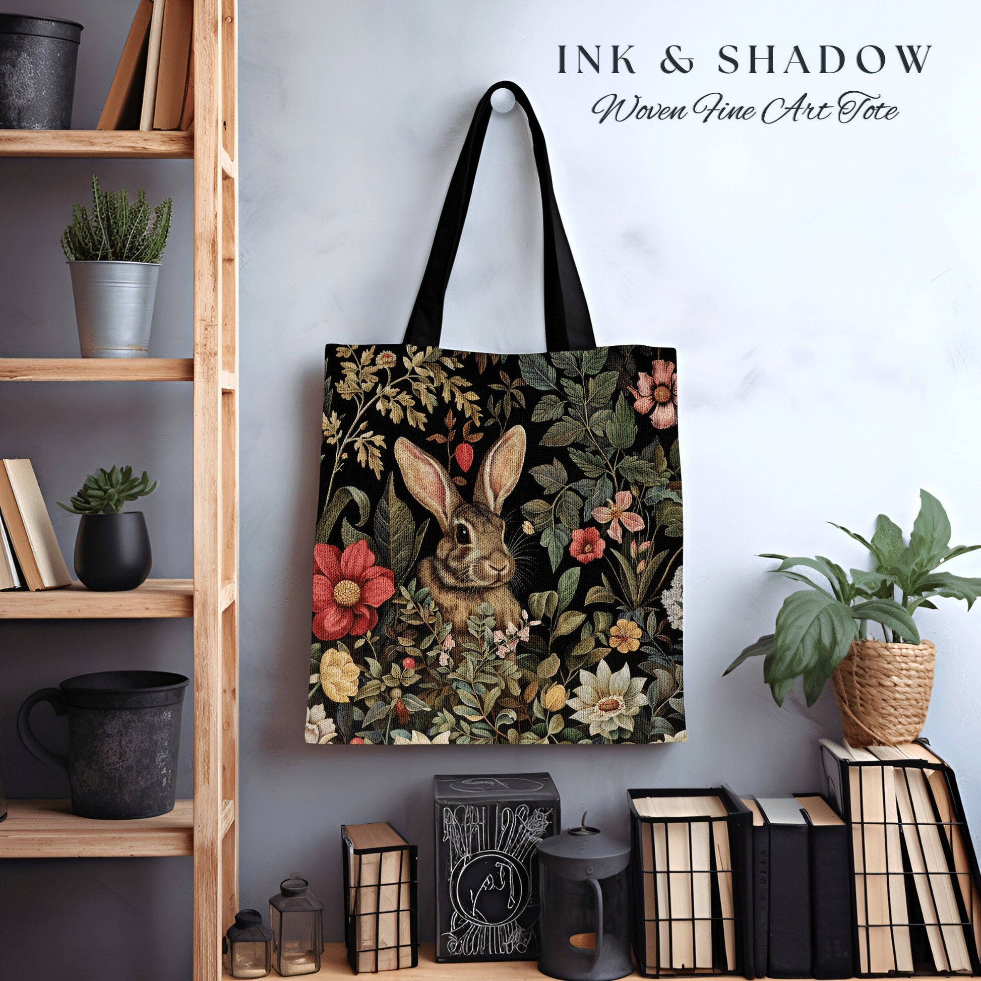 Dark Botanical Bunny Tote Bag | Boho Satchel Folk Art Woven Tapestry Bag William Morris Throw Woodland Goth Medieval Aesthetic Fairycore