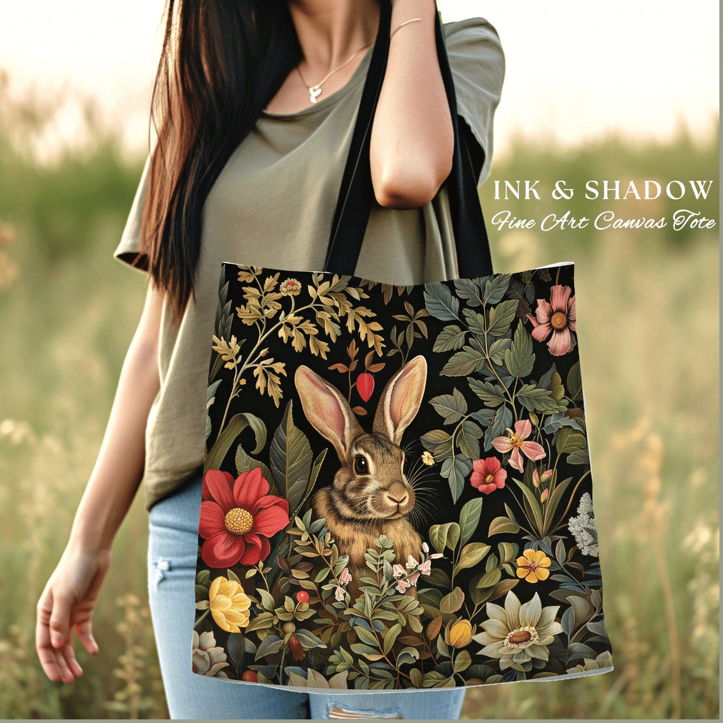 Dark Botanical Bunny Tote Bag | Boho Satchel Folk Art Woven Tapestry Bag William Morris Throw Woodland Goth Medieval Aesthetic Fairycore