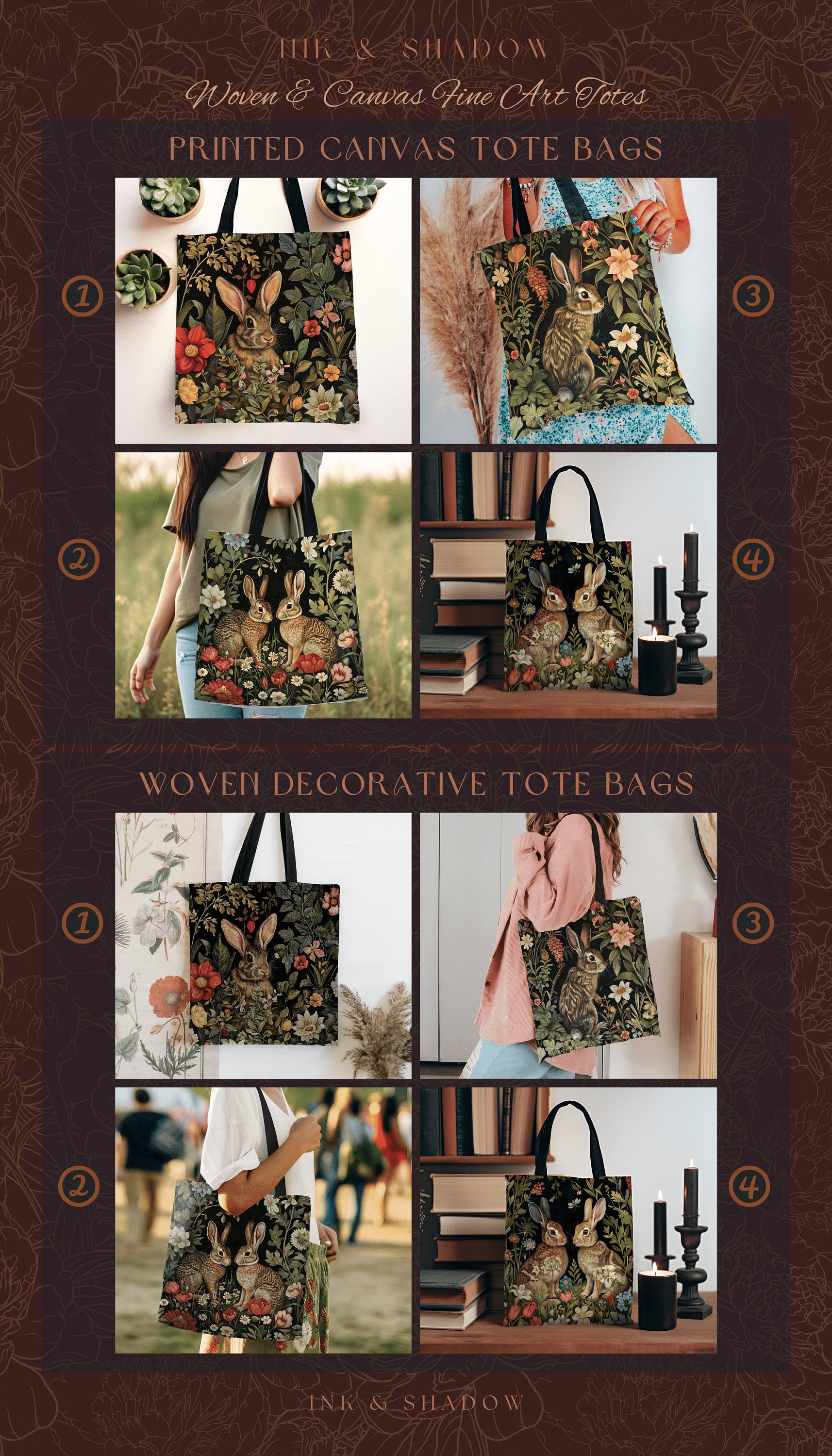 Floral Woodland Tote Bag | Boho Satchel Folk Art Woven Tapestry Bag William Morris Dark Botanical Goth Medieval Aesthetic Spring Fashion