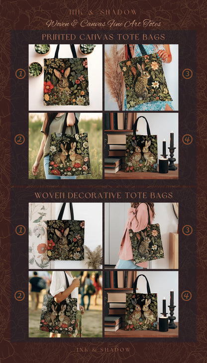 Floral Woodland Tote Bag | Boho Satchel Folk Art Woven Tapestry Bag William Morris Dark Botanical Goth Medieval Aesthetic Spring Fashion