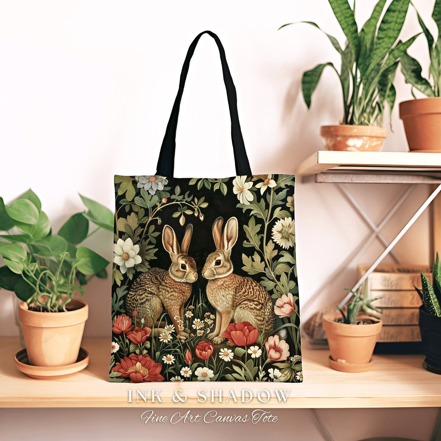 Spring Bunnies Tapestry Tote | Boho Satchel Folk Art Woven Tapestry Bag William Morris Throw Woodland Goth Medieval Aesthetic Fashion