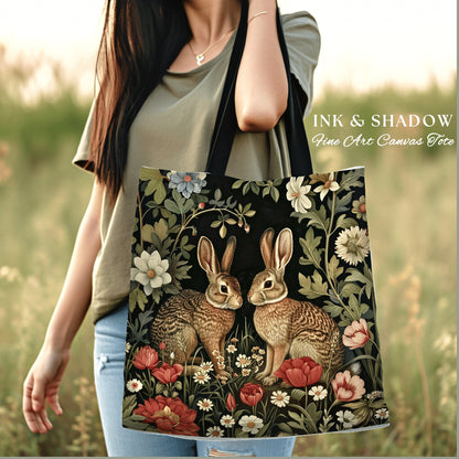 Spring Bunnies Tapestry Tote | Boho Satchel Folk Art Woven Tapestry Bag William Morris Throw Woodland Goth Medieval Aesthetic Fashion