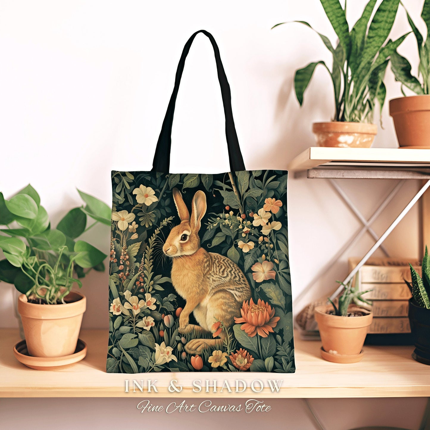 Wildflower Rabbit Tote | Boho Satchel Folk Art Woven Tapestry Bag William Morris Throw Woodland Goth Medieval Aesthetic Spring Fashion