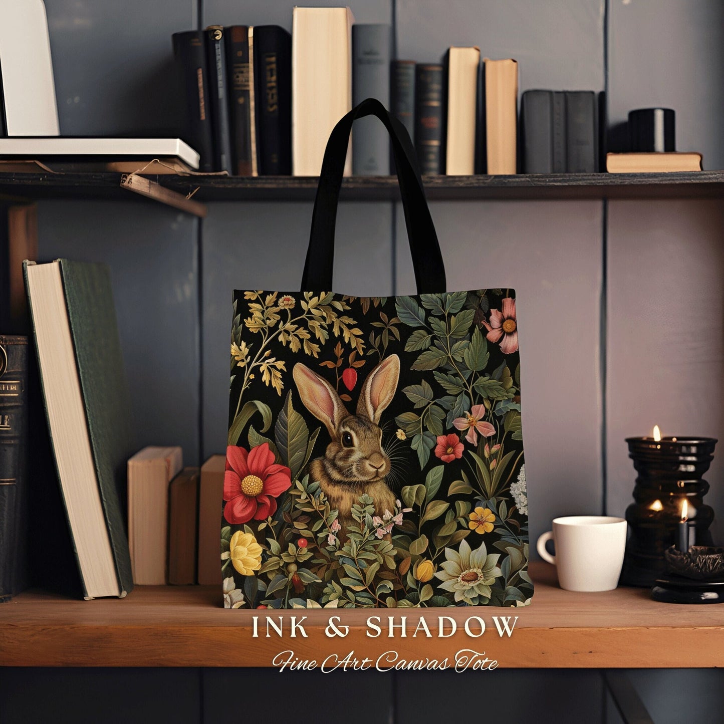 Dark Botanical Bunny Tote Bag | Boho Satchel Folk Art Woven Tapestry Bag William Morris Throw Woodland Goth Medieval Aesthetic Fairycore