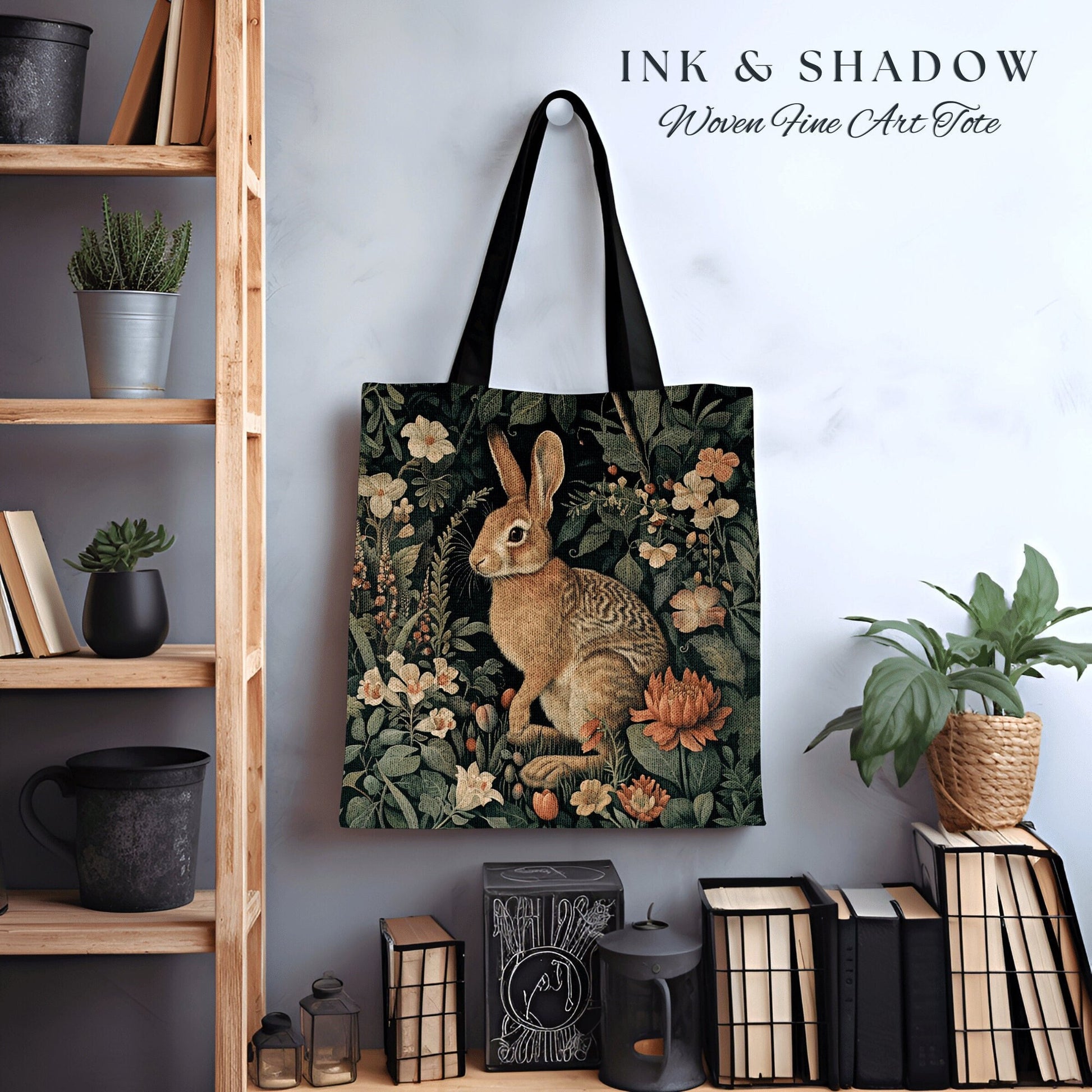 Wildflower Rabbit Tote | Boho Satchel Folk Art Woven Tapestry Bag William Morris Throw Woodland Goth Medieval Aesthetic Spring Fashion