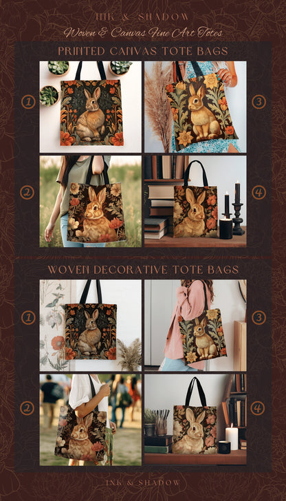 Bunny Rabbit Floral Bag | Boho Satchel Folk Art Woven Tapestry Bag William Morris Dark Botanical Aesthetic Spring Gothic Medieval Tote |