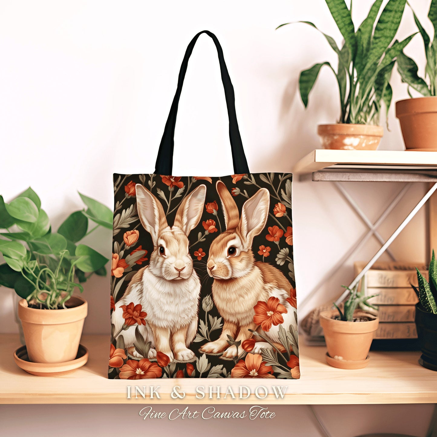 Spring Rabbits Floral Bag | Boho Satchel Folk Art Woven Tapestry Bag William Morris Dark Botanical Aesthetic Spring Gothic Medieval Tote