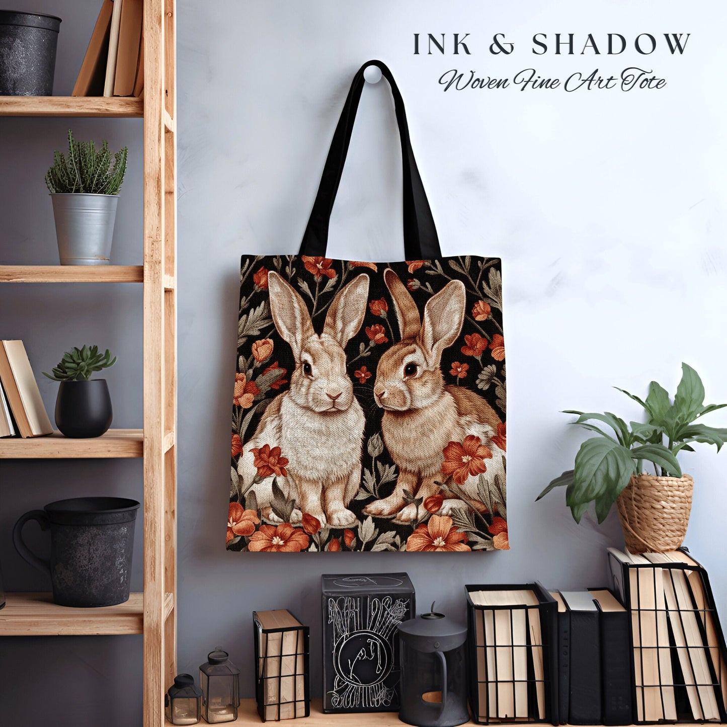 Spring Rabbits Floral Bag | Boho Satchel Folk Art Woven Tapestry Bag William Morris Dark Botanical Aesthetic Spring Gothic Medieval Tote