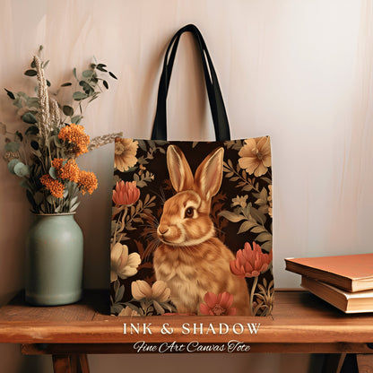 Bunny Rabbit Floral Bag | Boho Satchel Folk Art Woven Tapestry Bag William Morris Dark Botanical Aesthetic Spring Gothic Medieval Tote |