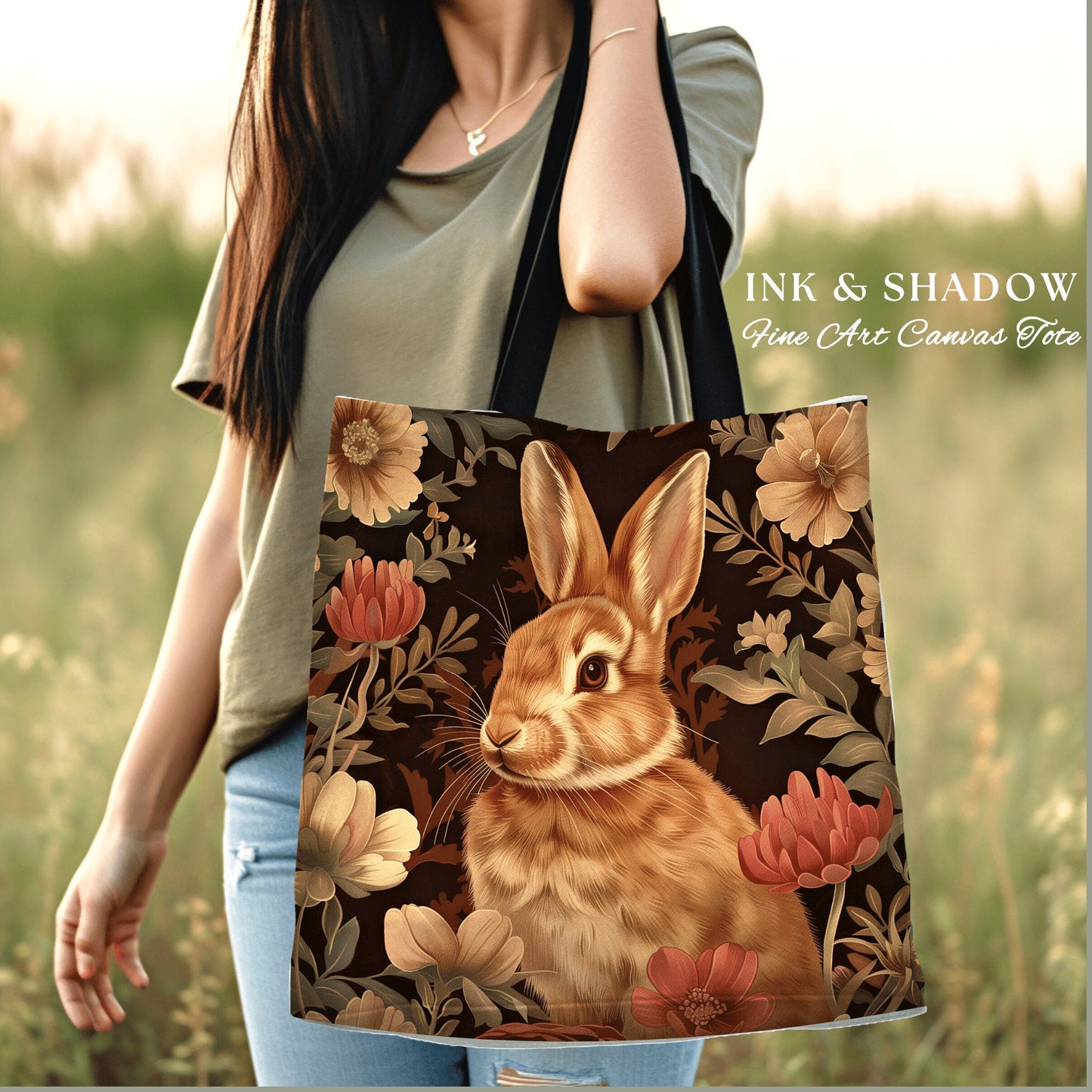 Bunny Rabbit Floral Bag | Boho Satchel Folk Art Woven Tapestry Bag William Morris Dark Botanical Aesthetic Spring Gothic Medieval Tote |