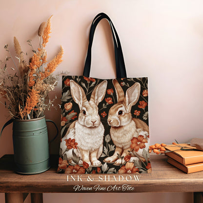 Spring Rabbits Floral Bag | Boho Satchel Folk Art Woven Tapestry Bag William Morris Dark Botanical Aesthetic Spring Gothic Medieval Tote