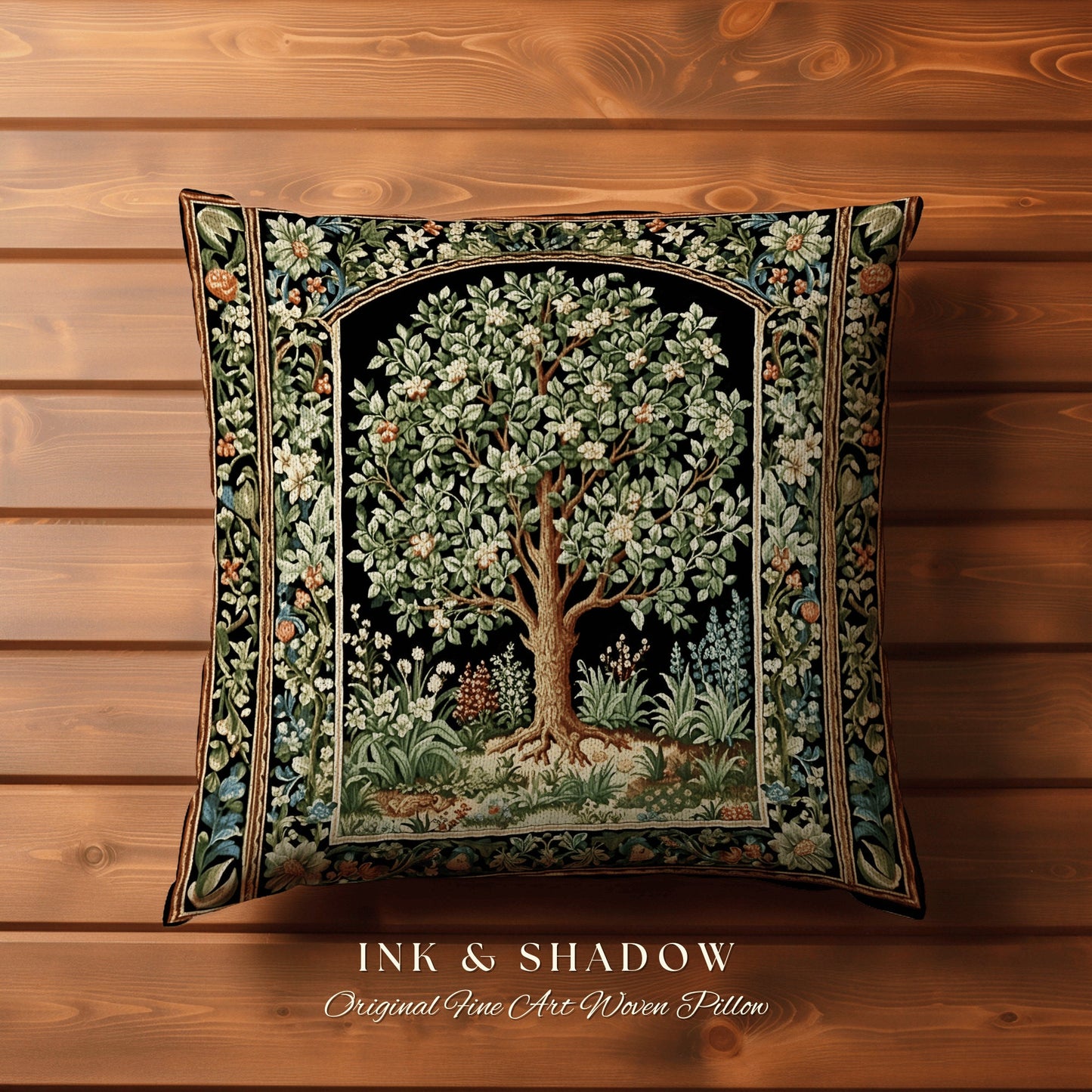 Maximalist Aesthetic Natrure Pillow | William Morris Inspired Tree Of Life Cushion Woven Medieval Aesthetic Pastel Botanical Renaissance