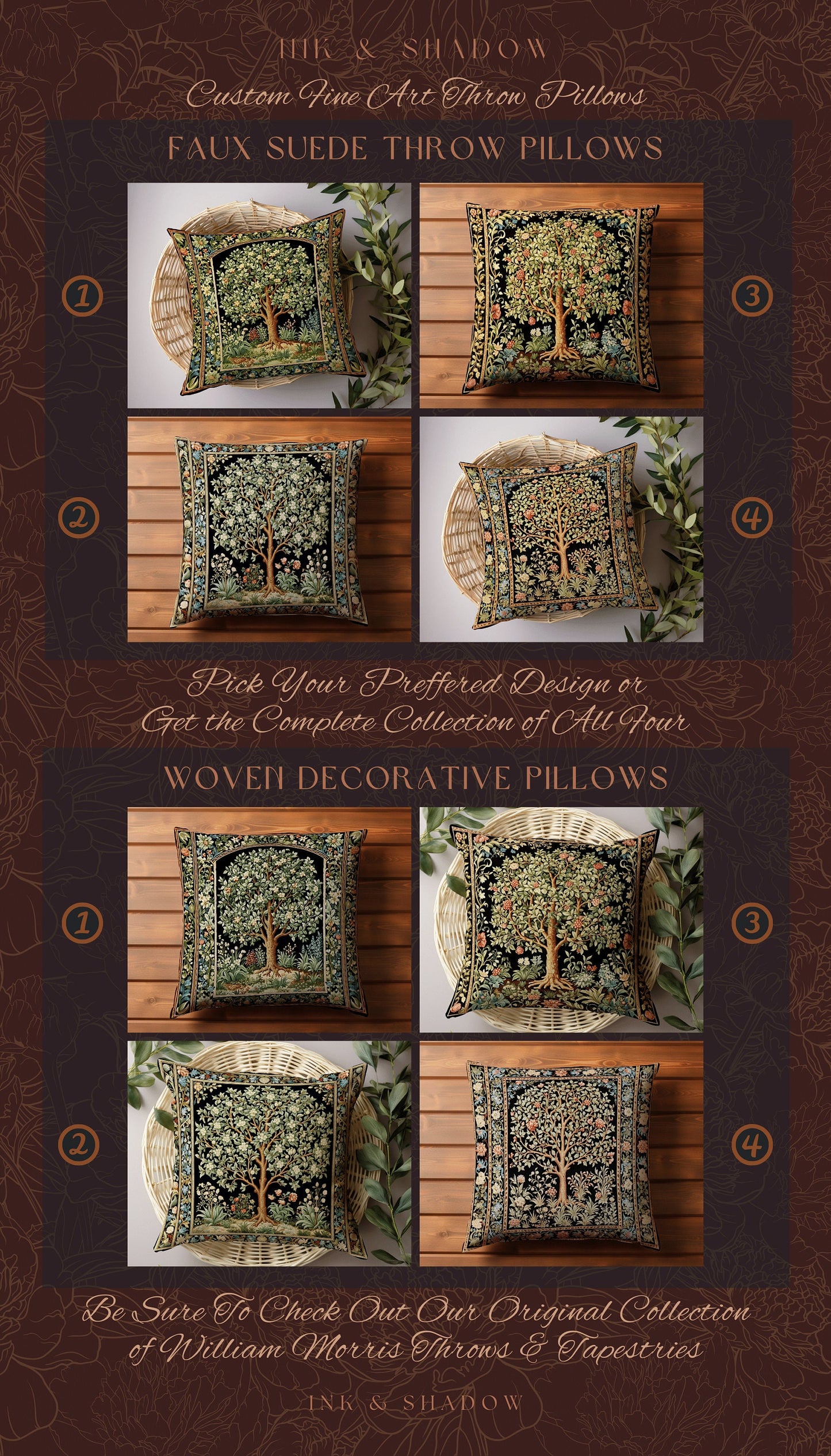 Tree of Life Pillow Ornate | William Morris Inspired Accent Pillow Cushion Woven Medieval Aesthetic Pastel Danish Renaissance Room Decor |