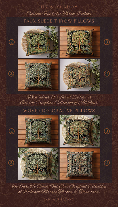 Folk Art Tree Pillow Victorian | William Morris Inspired Accent Pillow Cushion Woven Medieval Aesthetic Pastel Botanical Renaissance Decor