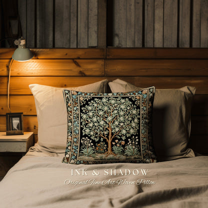 Folk Art Tree Pillow Victorian | William Morris Inspired Accent Pillow Cushion Woven Medieval Aesthetic Pastel Botanical Renaissance Decor