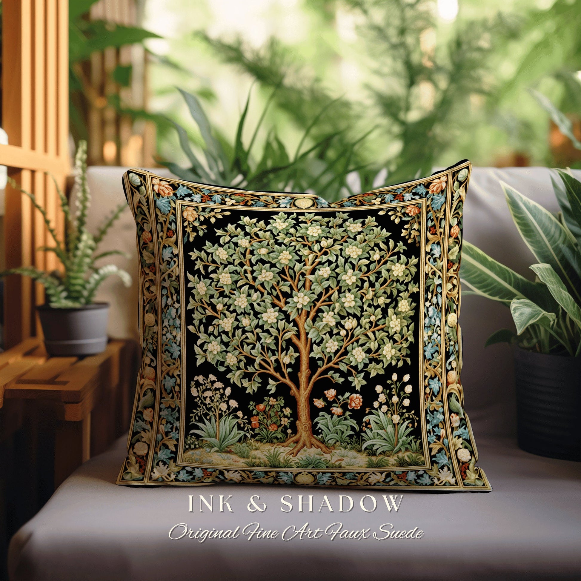 Folk Art Tree Pillow Victorian | William Morris Inspired Accent Pillow Cushion Woven Medieval Aesthetic Pastel Botanical Renaissance Decor