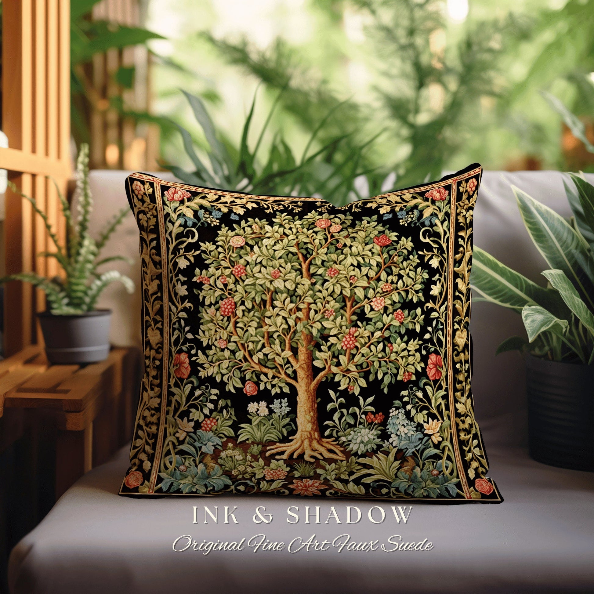 Medieval Botanical Throw Pillow | William Morris Inspired Accent Pillow Cushion Woven Medieval Aesthetic Pastel Danish Renaissance Decor