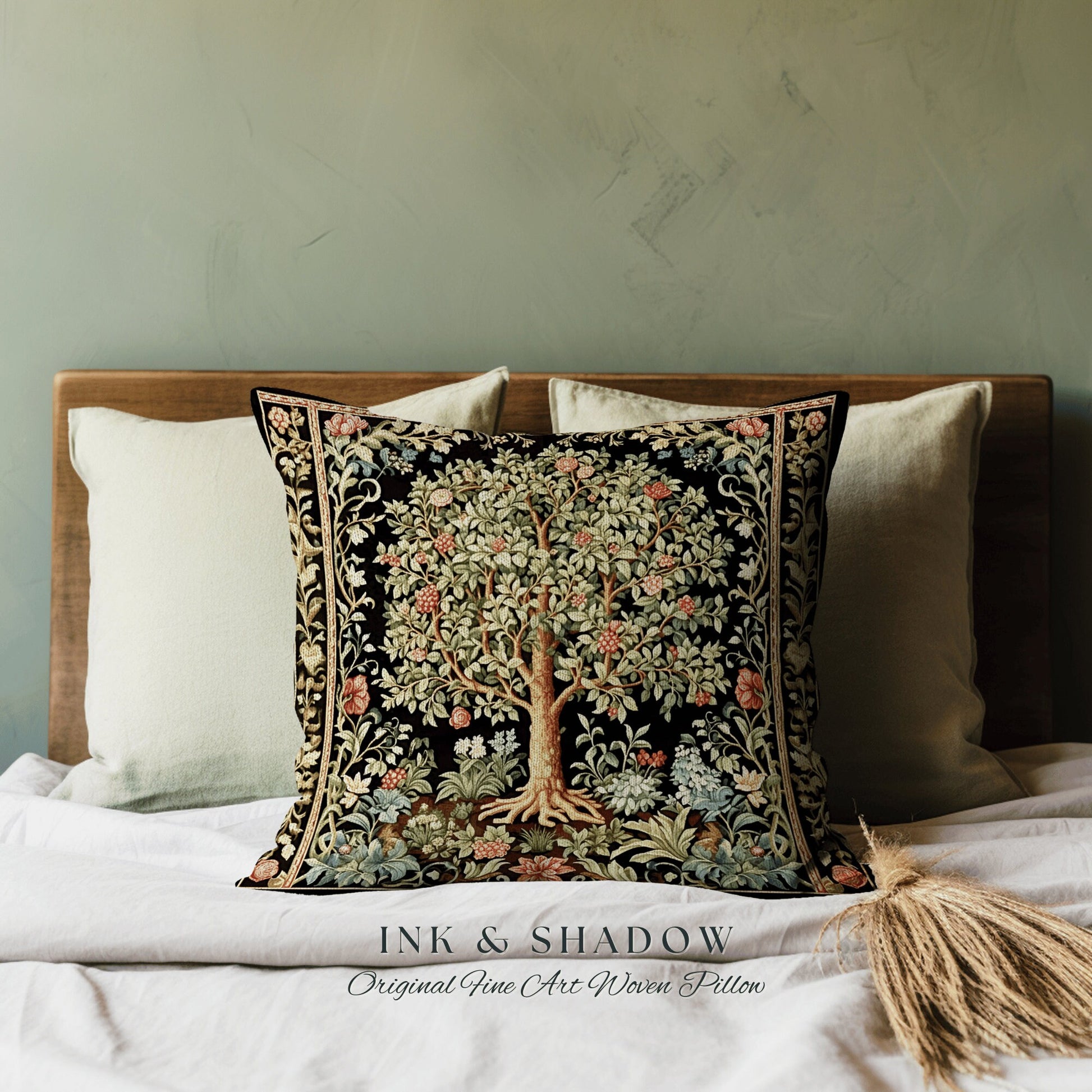 Medieval Botanical Throw Pillow | William Morris Inspired Accent Pillow Cushion Woven Medieval Aesthetic Pastel Danish Renaissance Decor