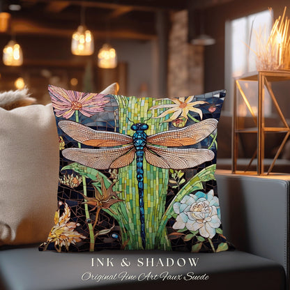 Fairycore Dragonfly Throw Pillow | Dragon Fly Woven Cushion Woodland Forest Gift for Her Stained Glass Aesthetic Botanical Gothic Room Decor