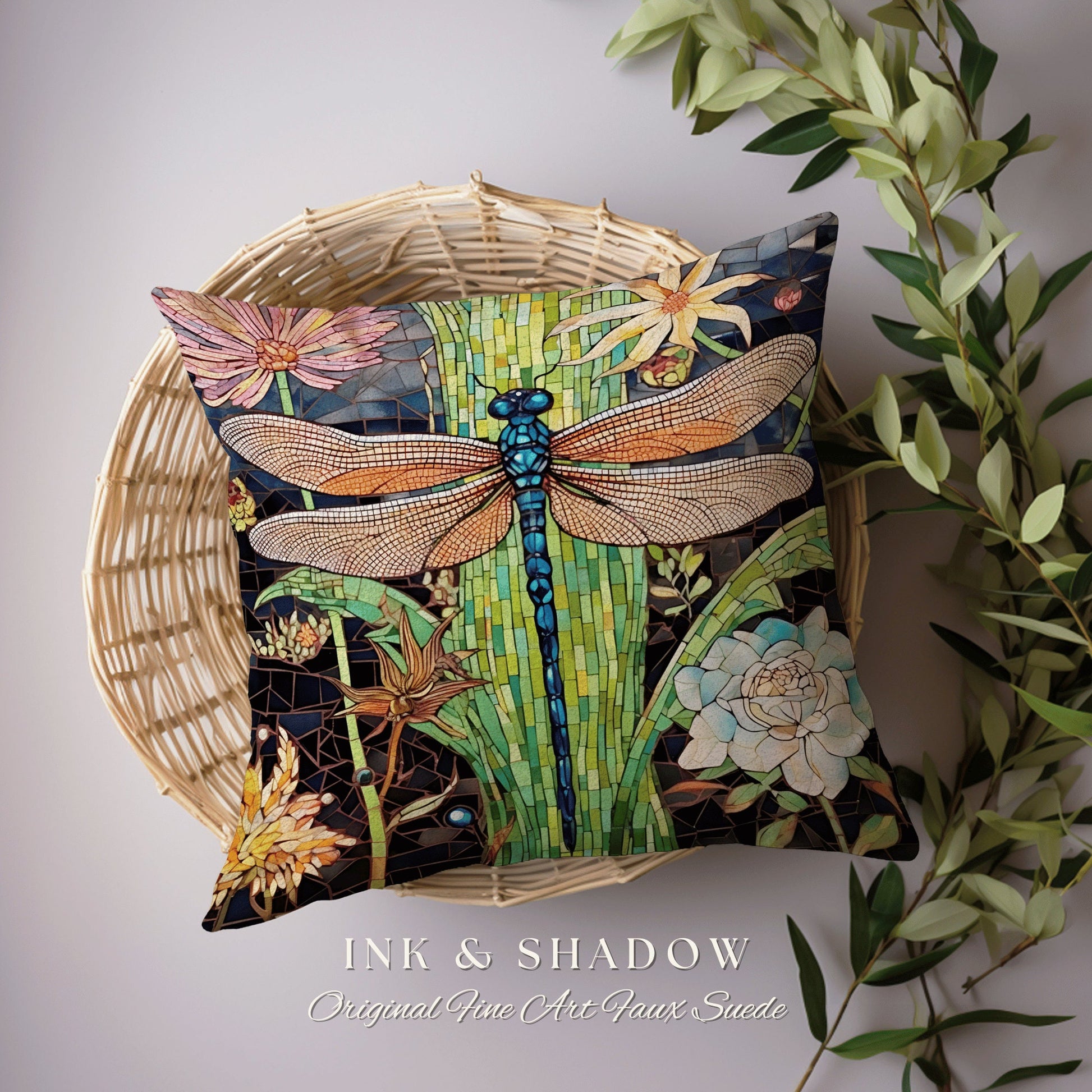 Fairycore Dragonfly Throw Pillow | Dragon Fly Woven Cushion Woodland Forest Gift for Her Stained Glass Aesthetic Botanical Gothic Room Decor