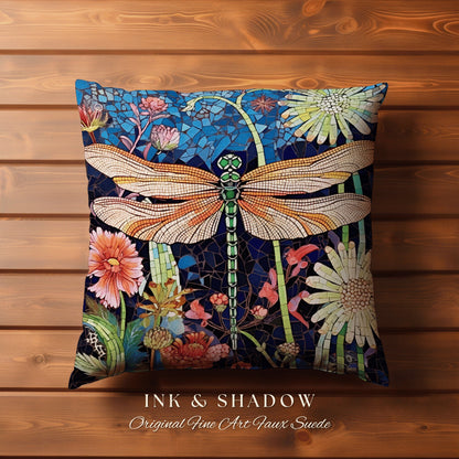 Whimsical Dragon Fly Accent Pillow | Dragonfly Cushion Woodland Forest Gift for Her Stained Glass Aesthetic Botanical Gothic Room Decor