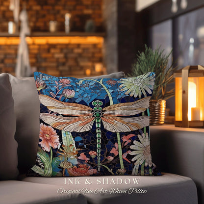 Whimsical Dragon Fly Accent Pillow | Dragonfly Cushion Woodland Forest Gift for Her Stained Glass Aesthetic Botanical Gothic Room Decor