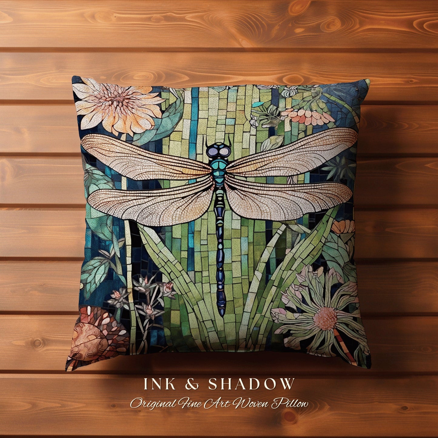 Bright Floral Dragonfly Pillow | Dragon Fly Cushion Woodland Forest Gift for Her Stained Glass Aesthetic Botanical Gothic Decor Whimsical |