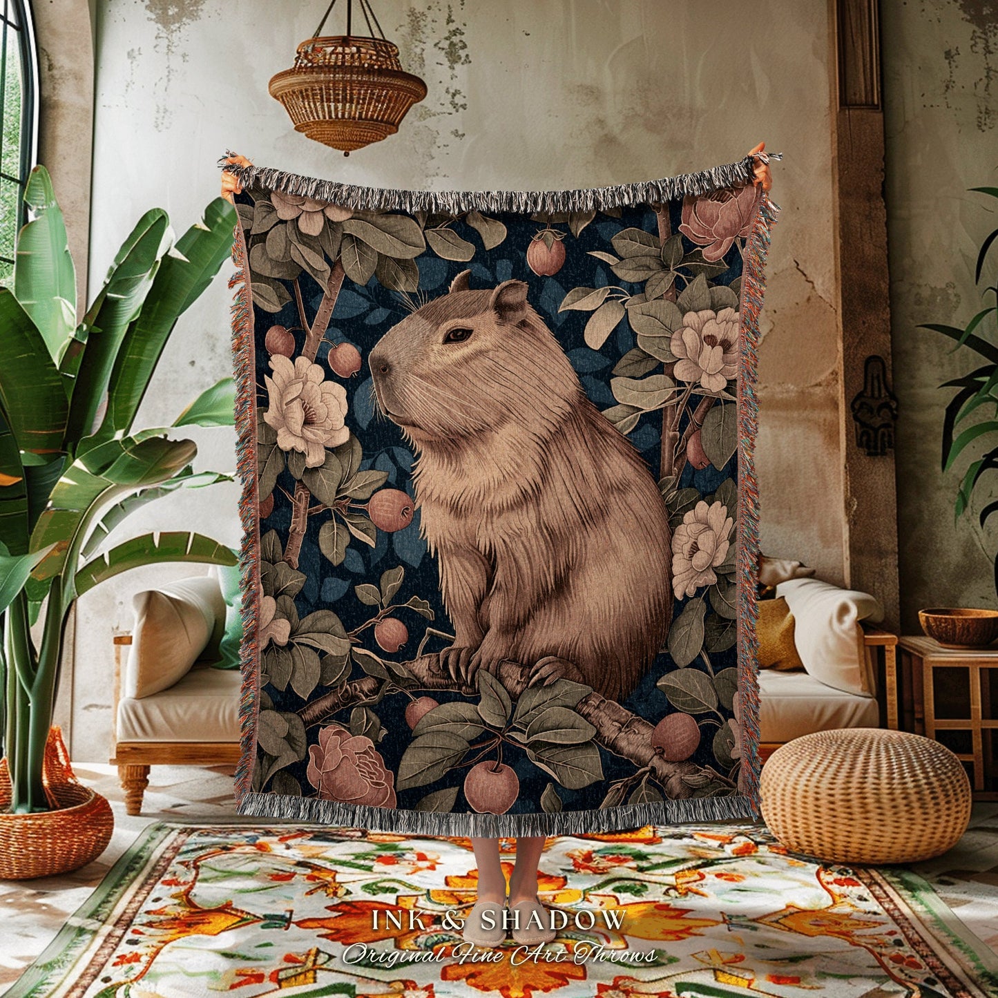 Wildflower Capybara Woven Blanket | Pastel Aesthetic Whimsical Tapestry Woven Mystical Book Nook Gift for Reader Woodland Capybara Throw