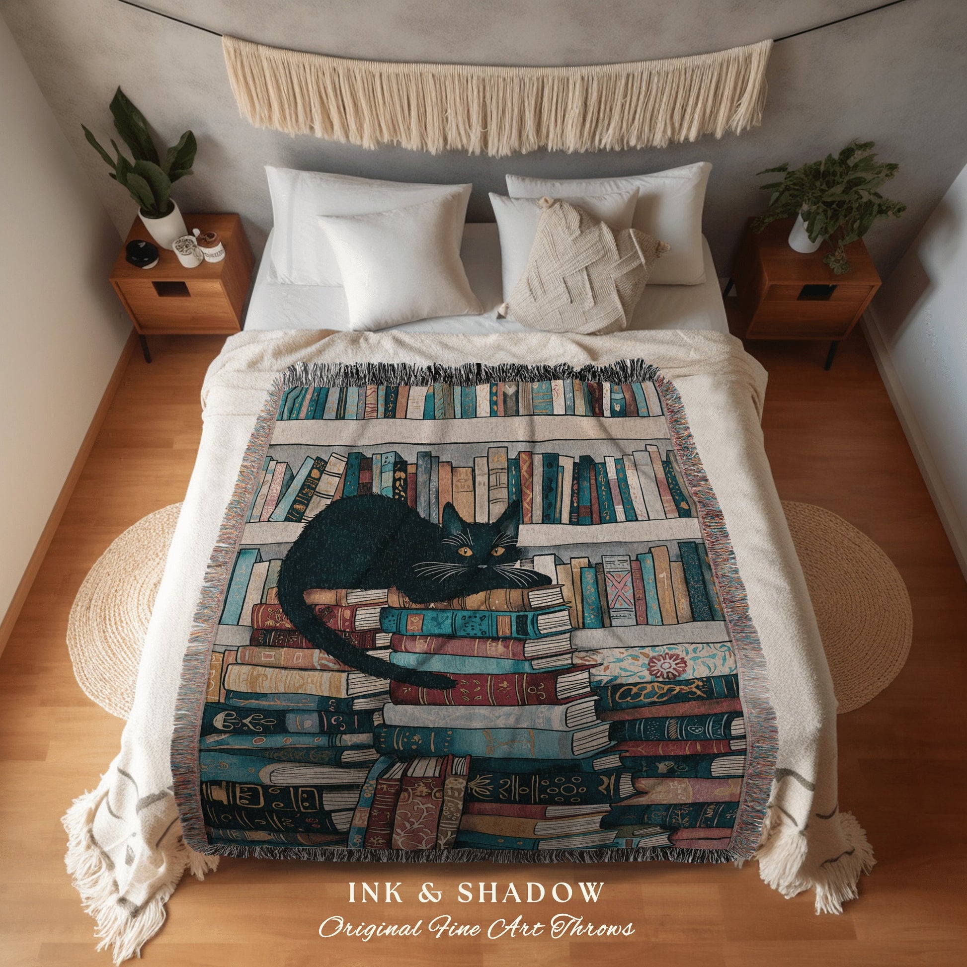 Eclectic Cat Blanket Bookish Gift | Boho Book Lover Bedroom Decor Dark Woodland Crowcore Aesthetic Tapestry Mystical Book Reading Corner