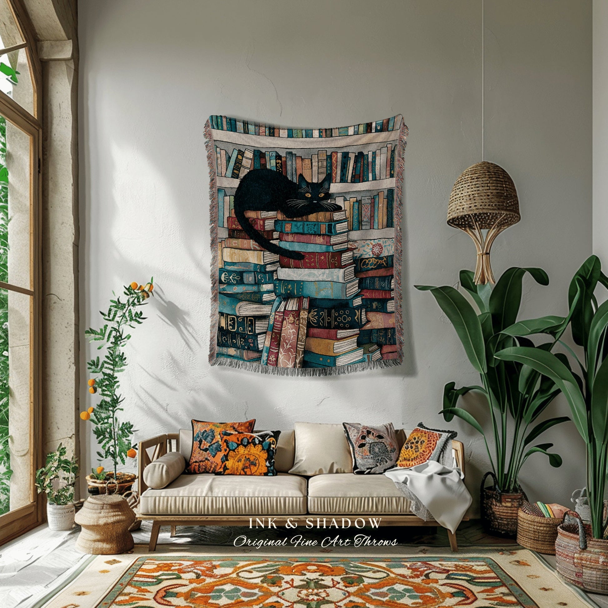 Eclectic Cat Blanket Bookish Gift | Boho Book Lover Bedroom Decor Dark Woodland Crowcore Aesthetic Tapestry Mystical Book Reading Corner