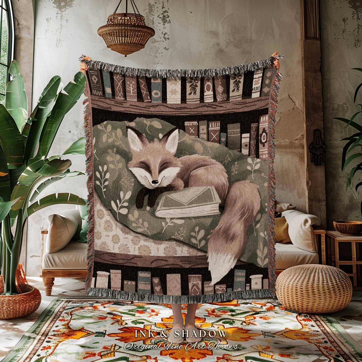 Bookish Aesthetic Dark Woodland Cottagecore Throw Woven Mystical Book Nook Gift for Reader Boho Reading Blanket Boho Fox Picnic Blanket