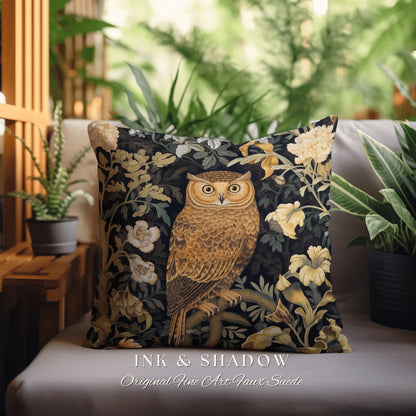 Navy Botanical Owl Pillow | Whimsical William Morris Inspired Throw Pillow Aesthetic Goth Woven Pillow Victorian Fairy Core Owl Decor Floral