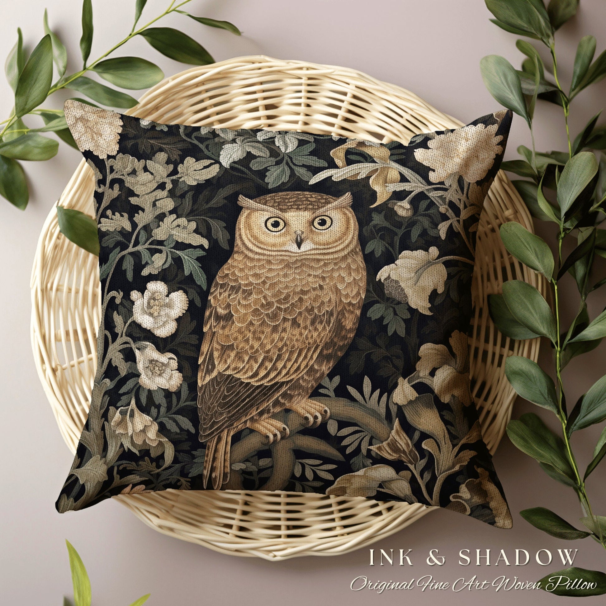 Navy Botanical Owl Pillow | Whimsical William Morris Inspired Throw Pillow Aesthetic Goth Woven Pillow Victorian Fairy Core Owl Decor Floral