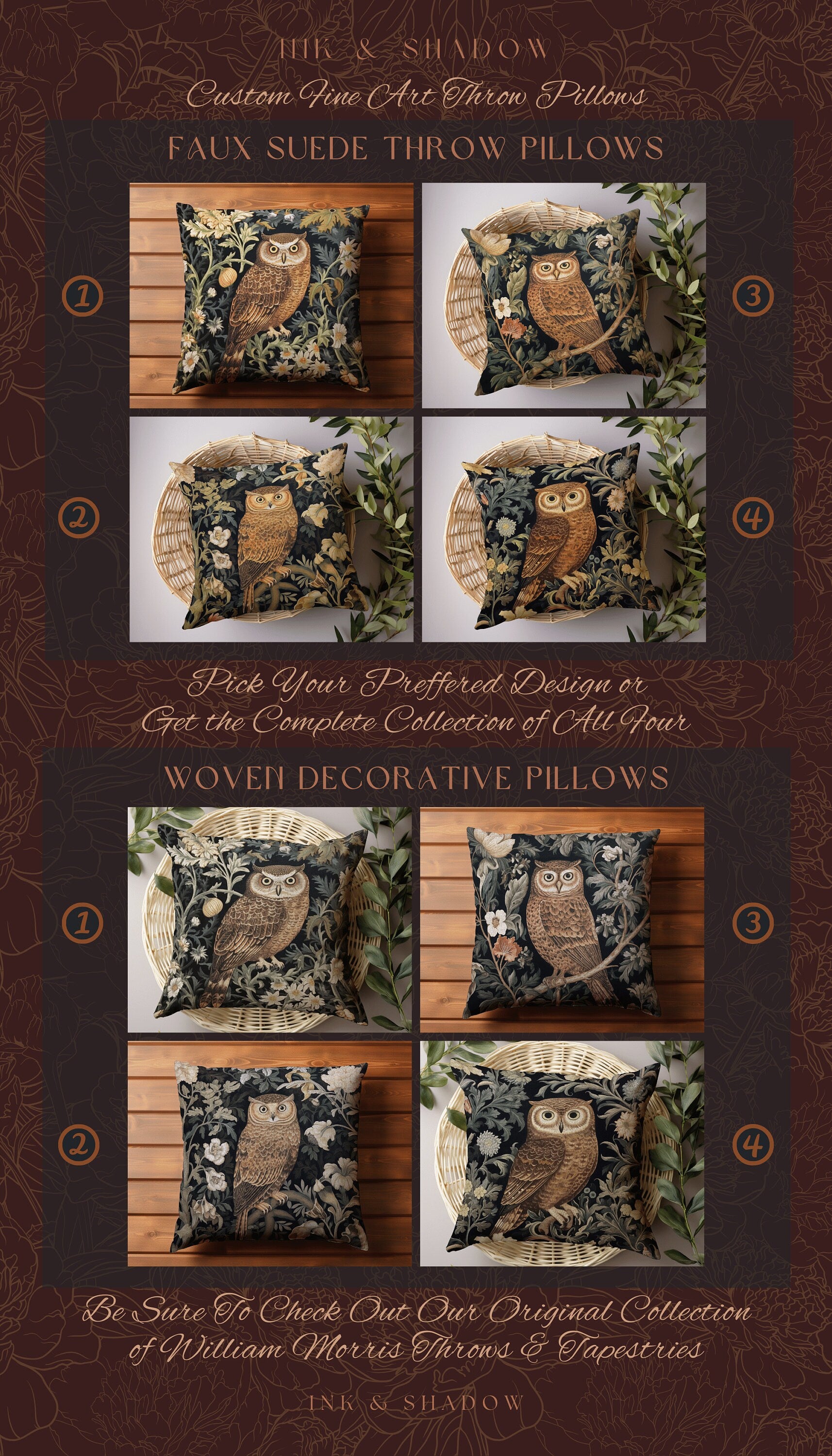 Navy Botanical Owl Pillow | Whimsical William Morris Inspired Throw Pillow Aesthetic Goth Woven Pillow Victorian Fairy Core Owl Decor Floral