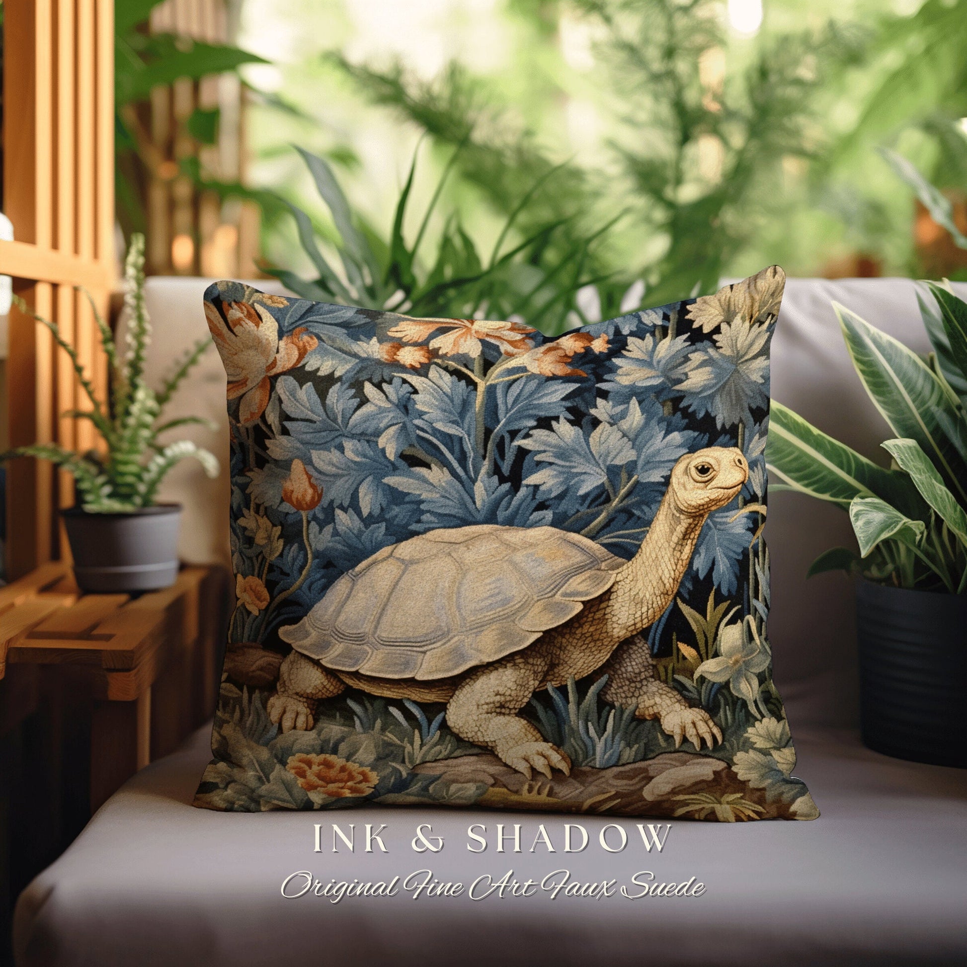 Woodland Botanical Tortoise Pillow | Mushroomcore Pillow William Morris Inspired Boho Decor Crowcore Pillow Fairy Aesthetic Pillow Morris