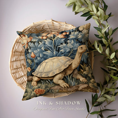 Woodland Botanical Tortoise Pillow | Mushroomcore Pillow William Morris Inspired Boho Decor Crowcore Pillow Fairy Aesthetic Pillow Morris