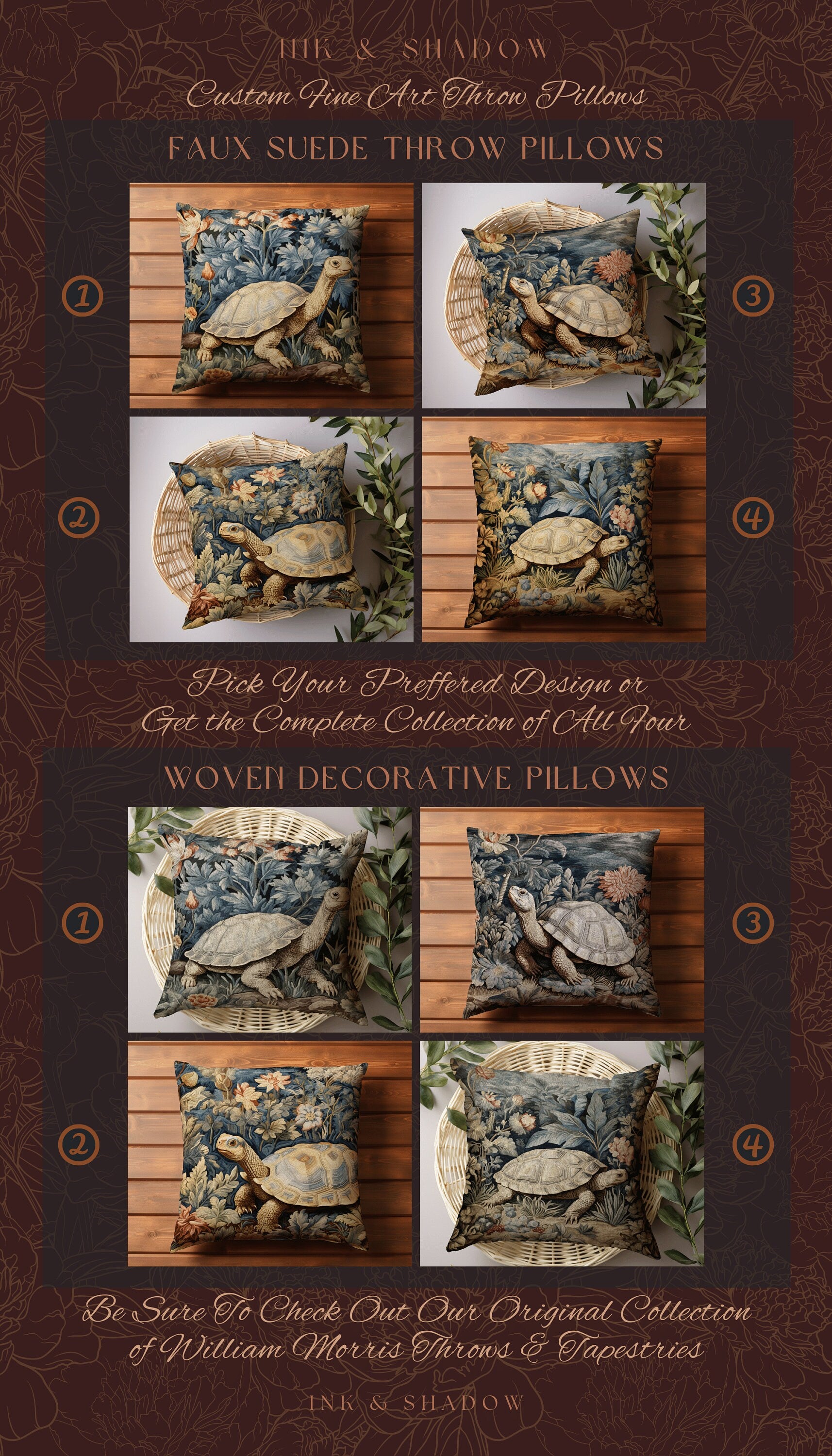 Woodland Botanical Tortoise Pillow | Mushroomcore Pillow William Morris Inspired Boho Decor Crowcore Pillow Fairy Aesthetic Pillow Morris