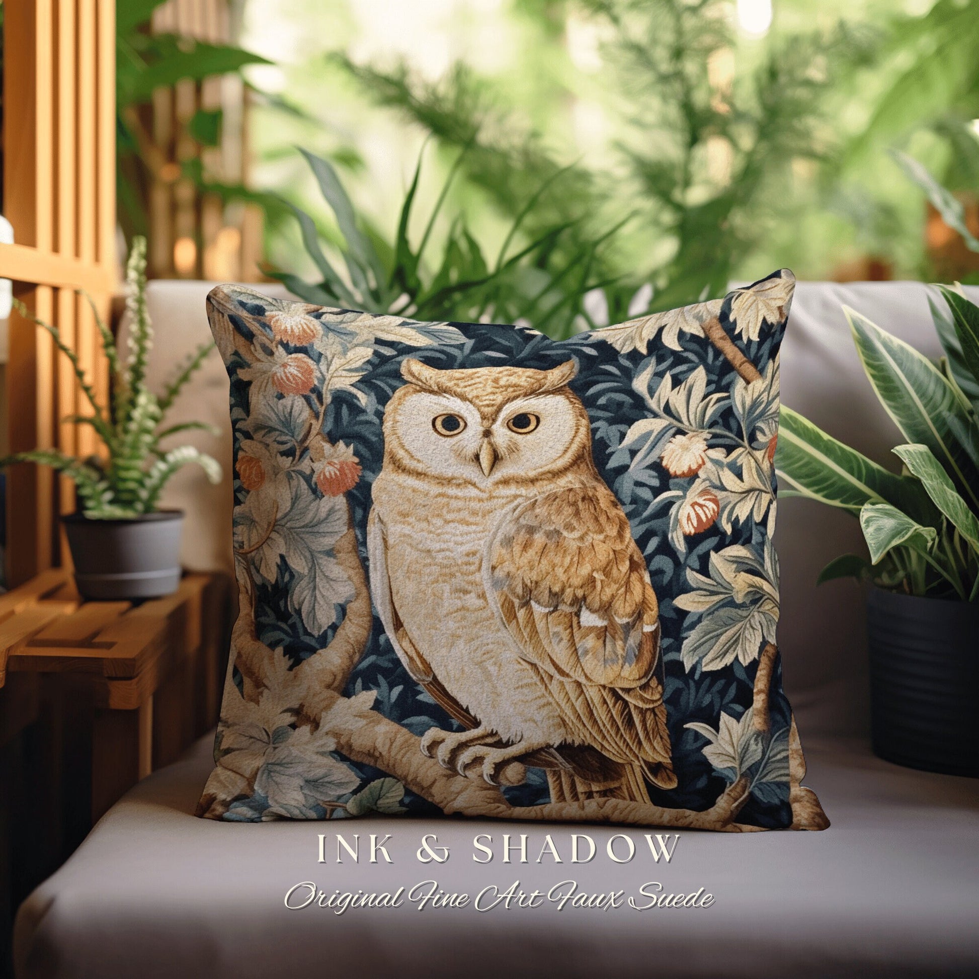 Pastel Floral Gothic Owl Pillow | Whimsical William Morris Inspired Soft Aesthetic Botanical Spring Decorating Pillow Victorian Owl Gift |