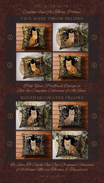 Dark Forest Fox Pillow Moody Botanical | Dark Academia William Morris Inspired Cushion Goth Aesthetic Medieval Woven Pillow Victorian Fox