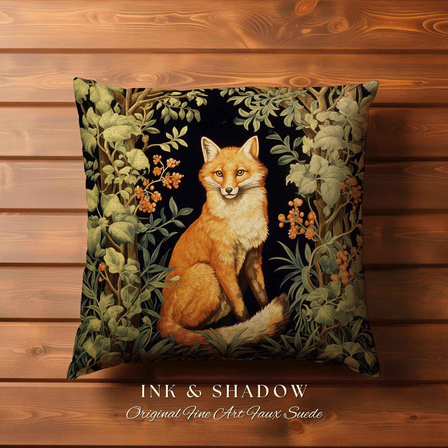 Dark Forest Fox Pillow Moody Botanical | Dark Academia William Morris Inspired Cushion Goth Aesthetic Medieval Woven Pillow Victorian Fox