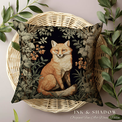 Dark Forest Fox Pillow Moody Botanical | Dark Academia William Morris Inspired Cushion Goth Aesthetic Medieval Woven Pillow Victorian Fox