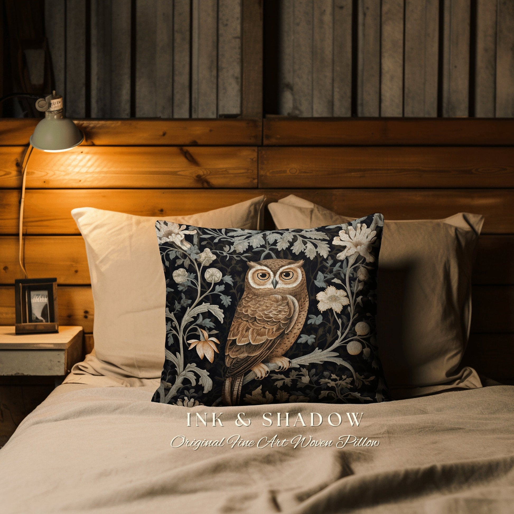 Whimsigoth Owl Woven Pillow | Whimsical William Morris Inspired Boho Aesthetic Botanical Spring Decorating Pillow Woven Victorian Owl |