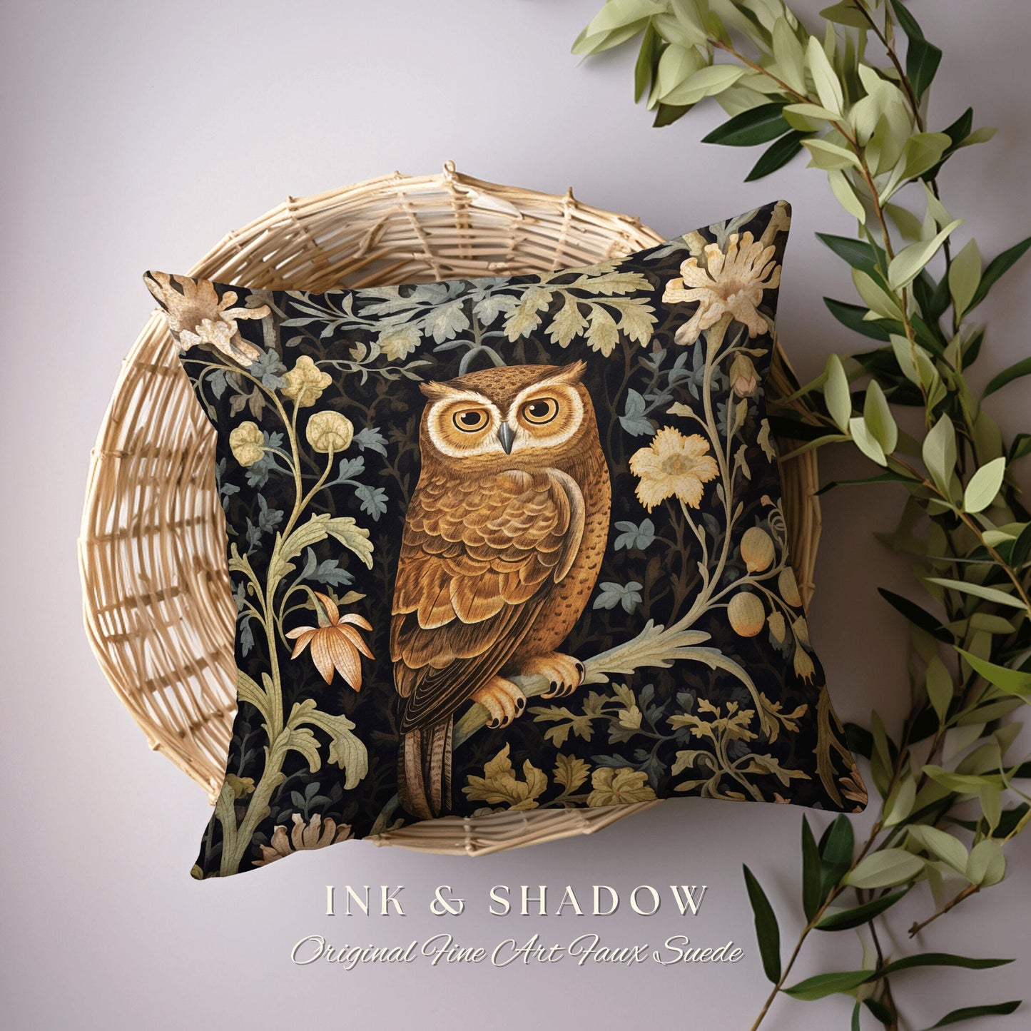 Whimsigoth Owl Woven Pillow | Whimsical William Morris Inspired Boho Aesthetic Botanical Spring Decorating Pillow Woven Victorian Owl |