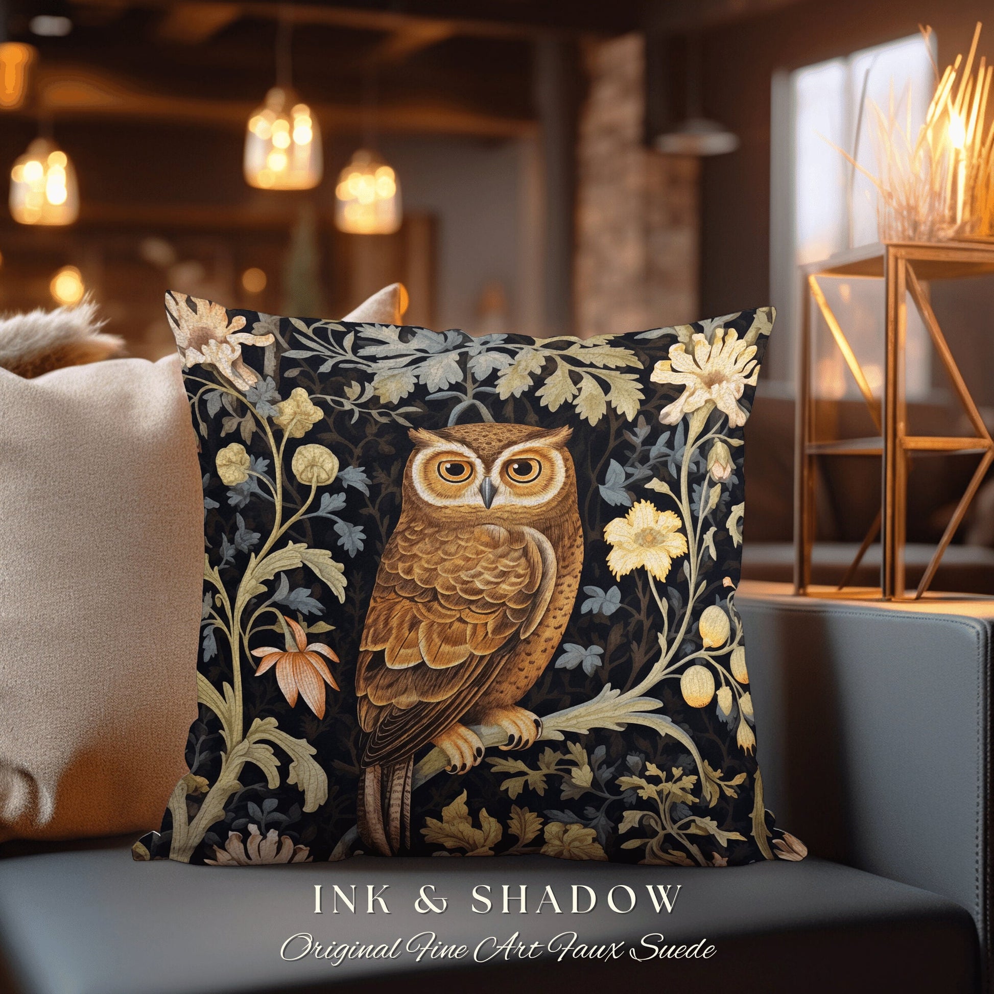 Whimsigoth Owl Woven Pillow | Whimsical William Morris Inspired Boho Aesthetic Botanical Spring Decorating Pillow Woven Victorian Owl |